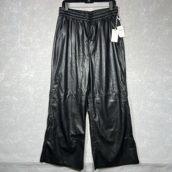 Good American Women’s 4 Wide Leg Faux Leather Pants Black Shiny Drawstring NWT - Picture 1 of 13